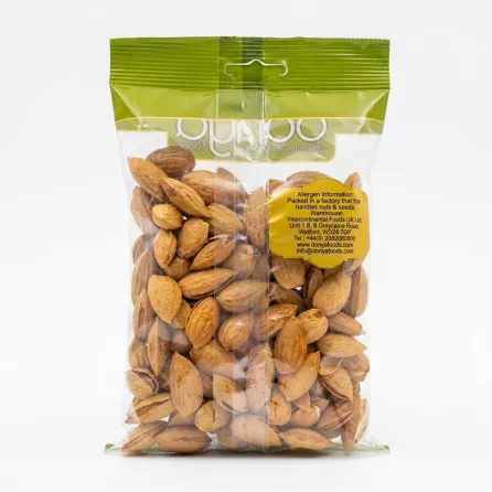 Back of Donya Almond in Shell 125g clear pack showing almonds and packaging details