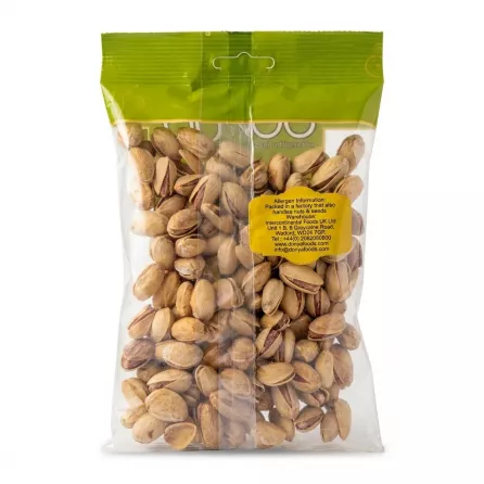 Back view of Donya Salted Pistachio 150g pack with allergen and warehouse info visible