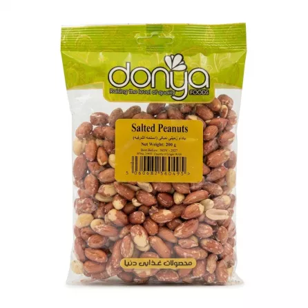 Front of Donya Salted Peanuts 200g pack in hand, showing clear packaging and peanuts inside