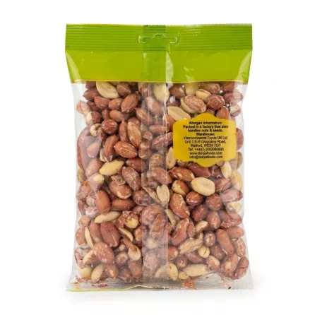 Back of Donya Salted Peanuts 200g pack with allergen and manufacturing details