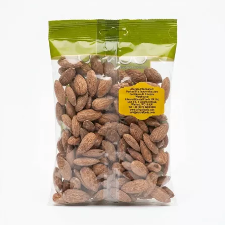 Rear view of Donya Salted Almonds 170g pack showing product details