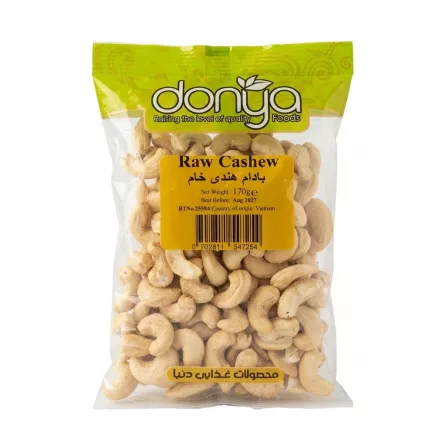 Front of Donya Raw Cashew 170g bag showcasing brand and product details