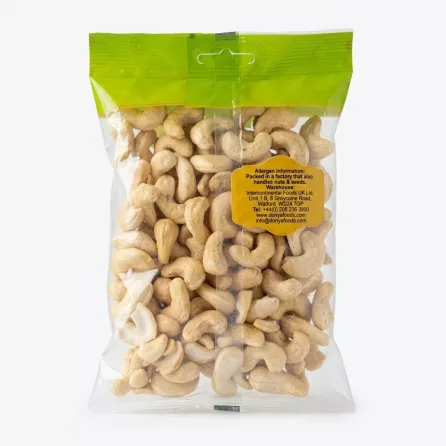 Back of Donya Raw Cashew 170g bag showing allergen and packing information