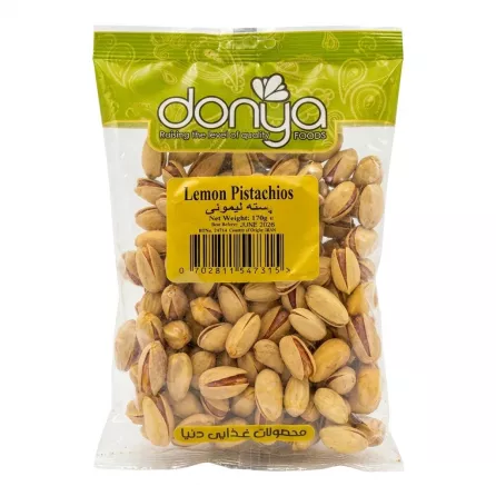 Front view of Donya Lemon Pistachios 170g pouch showing product label and pistachios.