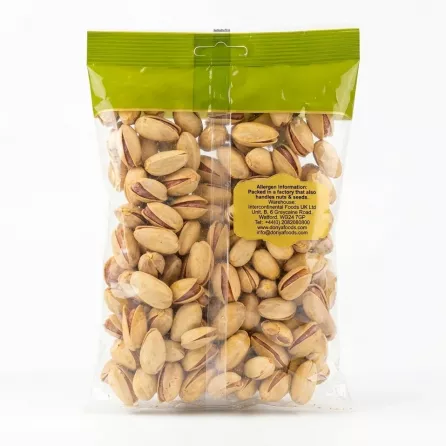 Back view of Donya Lemon Pistachios 170g pouch with allergen and distributor information.