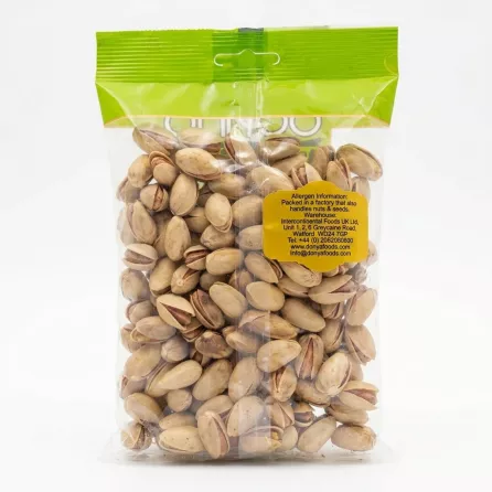 Back view of Donya Raw Pistachio pack with allergen and company info