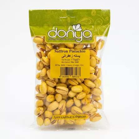Front view of Donya Saffron Pistachio 170g pack featuring saffron-coated pistachios