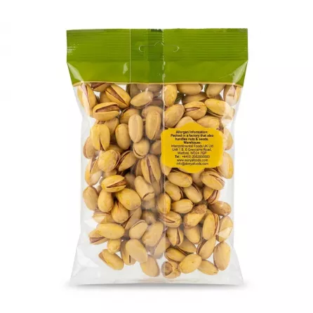 Back view of Donya Saffron Pistachio 170g pack showing allergen and contact information