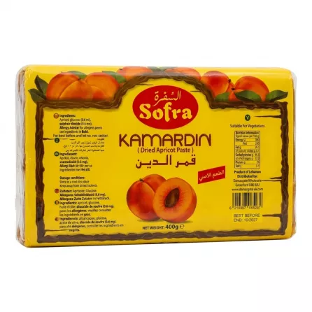 Front of Sofra Kamardine Dried Apricot Paste 400g pack, showing ingredients and branding