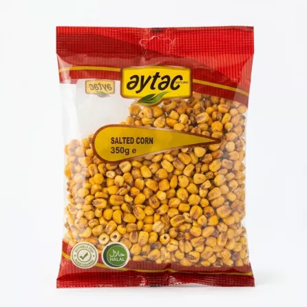 Front view of Aytac Salted Corn 350g snack pack with price label and halal certification visible