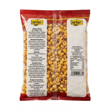 Back of Aytac Salted Corn 350g pack showing allergy advice, storage, and distributor details