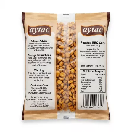 Aytac BBQ Corn Snacks 350g pack back with allergy, storage, and nutrition information