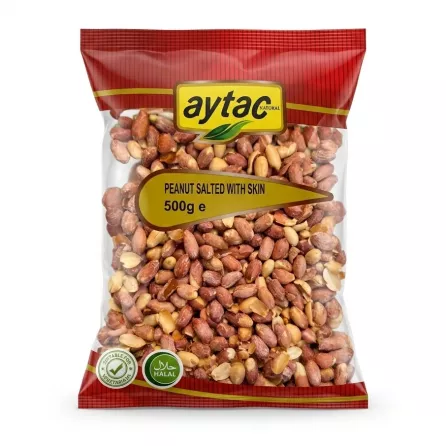 Front of Aytac Peanut Salted With Skin 500g pack showing product and price