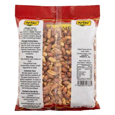 Back of peanut pack with nutritional and manufacturer information
