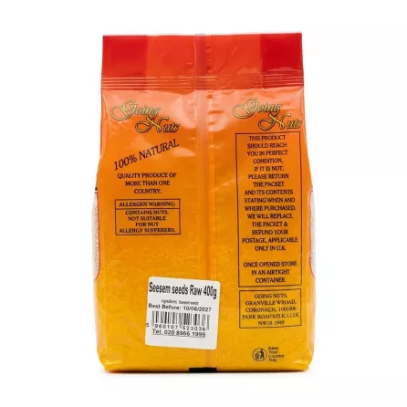 Back of Going Nuts Raw Sesame Seeds showing ingredient and allergen info