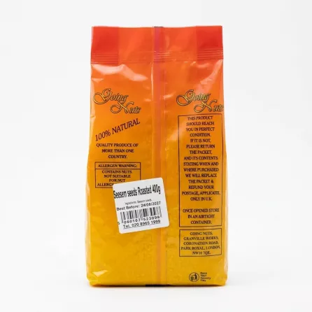 Back of Going Nuts Roasted Sesame Seeds pack showing product information and allergen warning