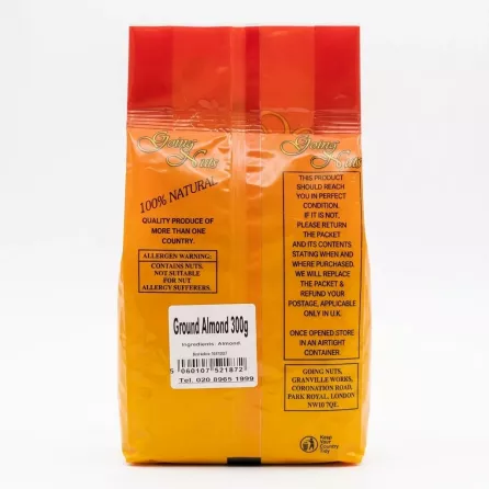 Back of Going Nuts Ground Almond 300g pack with ingredient and allergy information