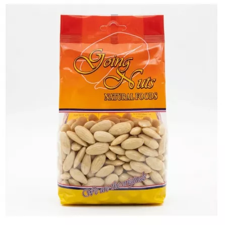 Front of Going Nuts Blanched Almonds 300g pack showing almonds and branding