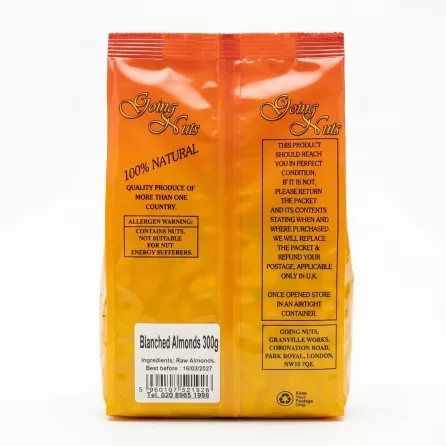 Back of Going Nuts Blanched Almonds 300g pack with nutritional and product information