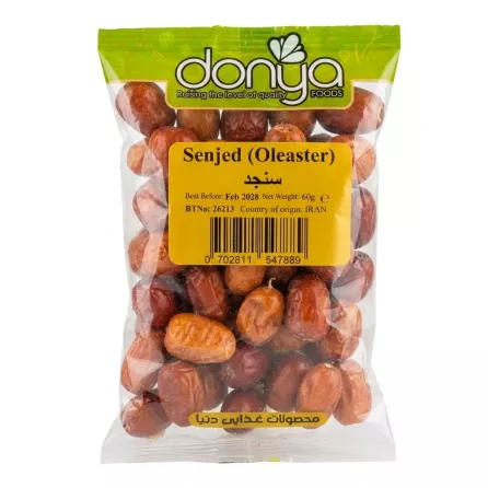 Front of Donya Senjed Dried Oleaster 60g pack with barcode and product info