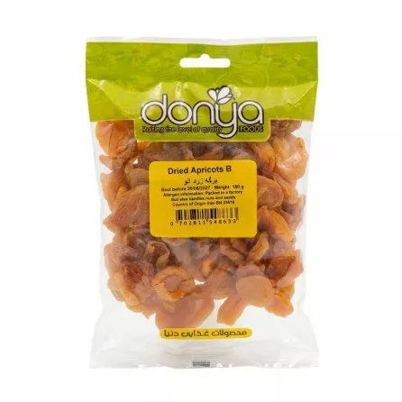 Front view of Donya Dried Apricots B 180g packed in a clear green and yellow bag