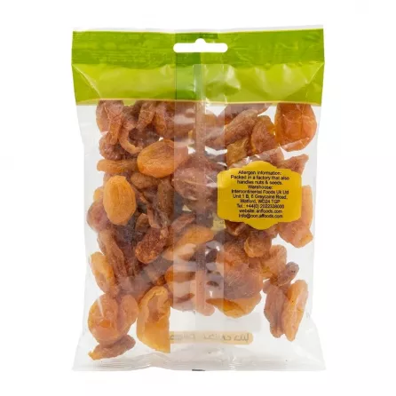 Reverse view of Donya Dried Apricots B 180g showing apricots inside clear packaging