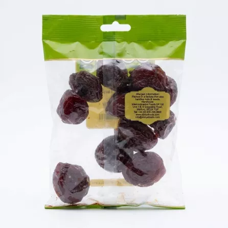 Back of Donya Dried Red Plum 180g bag showing allergen and contact information