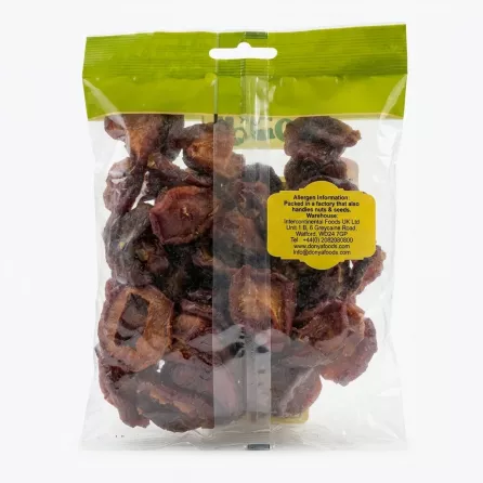 Back of Donya Dried Plum Slices 150g pack showing allergen and company info