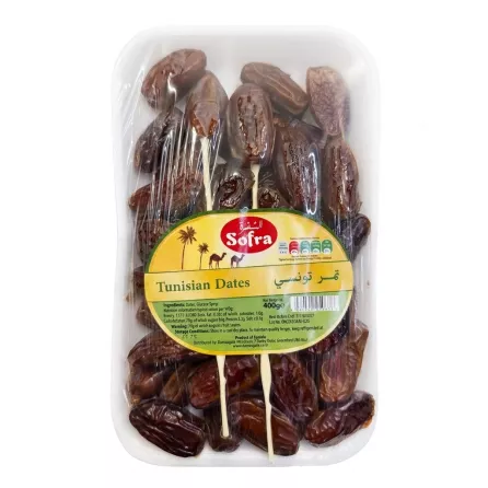 Pack of Sofra Tunisian Dates 400g in clear plastic tray with label and price