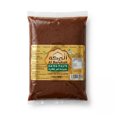 Front view of Al Barakah Dates Paste 1kg pack with gold label