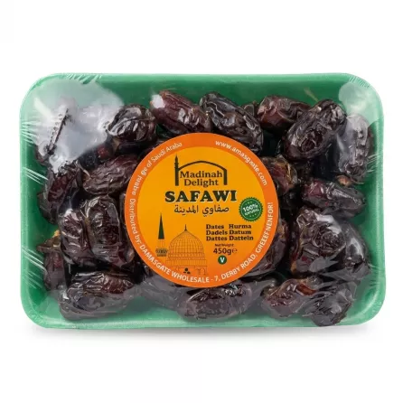 Front of Madinah Delight Safawi Dates 450g pack held in store