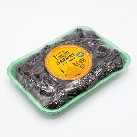 Angled view of Madinah Delight Safawi Dates 450g pack