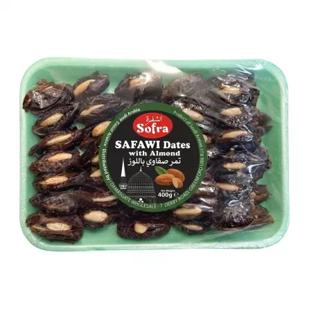 Front view of Sofra Safawi Dates with Almond 400g pack on store shelf, £5.99 special offer label visible