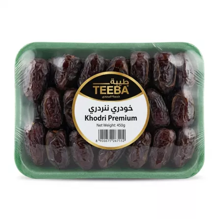 Front view of Teeba Khodri Premium Dates 450g pack on store shelf