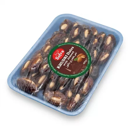 Angled view of Sofra Khudri Dates with Almond showing packaging