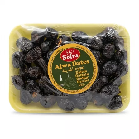 Front view of Sofra Ajwa Dates 450g pack with clear price label