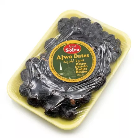 Angled view of Sofra Ajwa Dates 450g pack showing dark dates inside