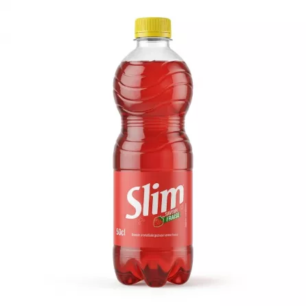 Front view of Slim Strawberry Flavoured Fizzy Drink 50cl bottle with yellow cap