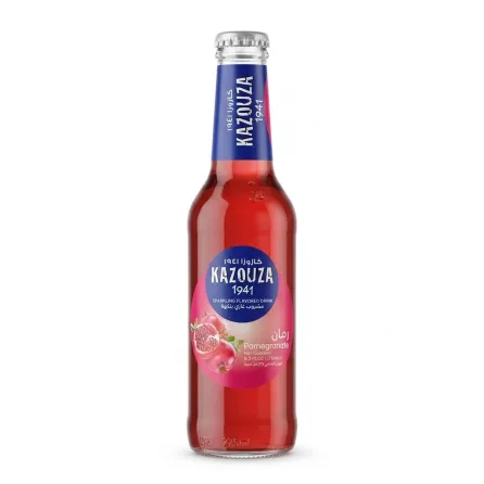 Front view of Kazoza 1941 Pomegranate Sparkling Drink glass bottle