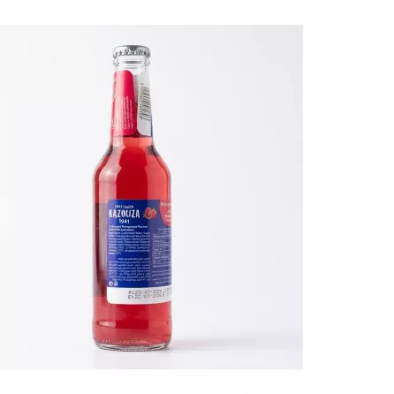 Back label of Kazoza 1941 Pomegranate Sparkling Drink showing ingredients