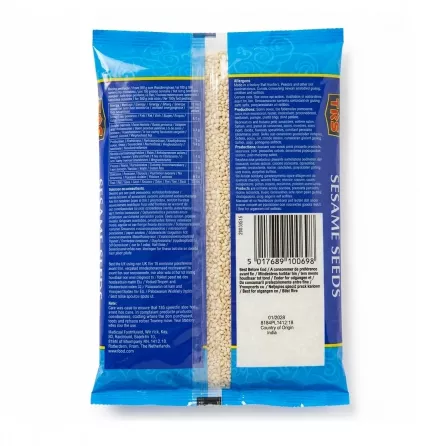 Back of TRS Hulled Sesame Seeds package showing product details