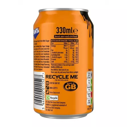 Back of Fanta Orange 330ml can showing nutritional info