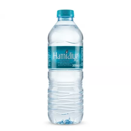 Front label of Hamidiye Spring Water 500ml bottle, turquoise cap, clear bottle