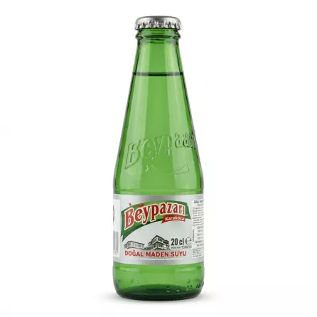 Front view of Beypazari Karakoca Dogal Maden Suyu 20cl glass bottle held in hand