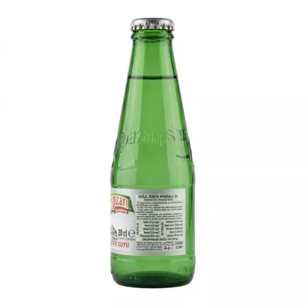 Back view showing mineral content facts of Beypazari natural mineral water 20cl in green glass bottle