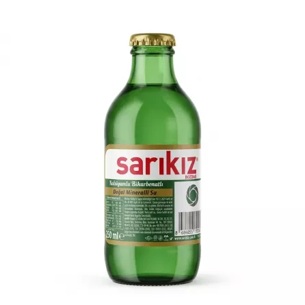Sarikiz Natural Mineral Water 250ml glass bottle front label detail