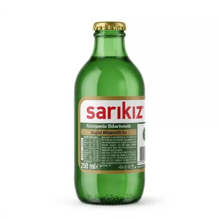 Sarikiz Natural Mineral Water 250ml bottle in hand showing ingredients