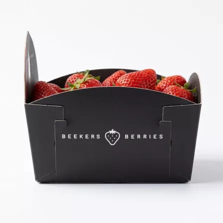 Side view of Beekers Berries strawberry carton displaying the brand logo.