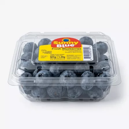 Side view of Sunny Blue Blueberries 125g held in hand