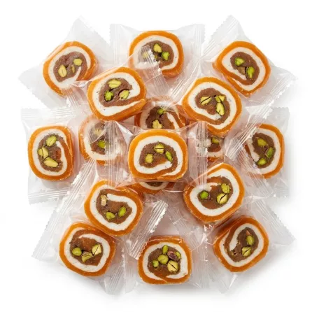 Individually wrapped pieces of Roll Malban Coconut Apricot Extra with visible pistachios and coconut filling.